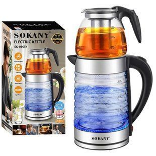 Электрочайник с заварником 2,2л/0,8л, 1500Вт, SOKANY SK-09054 / Стеклянный чайник электрический 234577073 фото